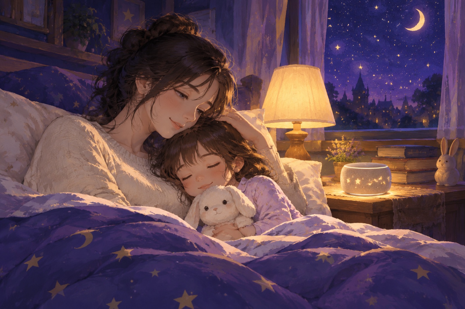 A parent and child listening to a bedtime story together