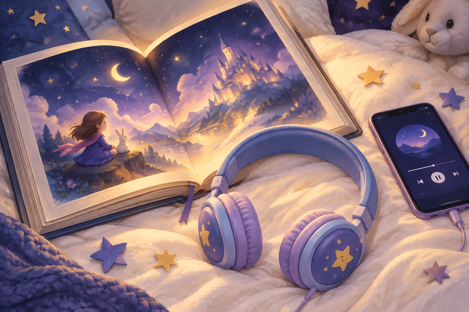 Lullio personalized story pack digital bundle showing MP3 audio player interface and printable PDF storybook cover