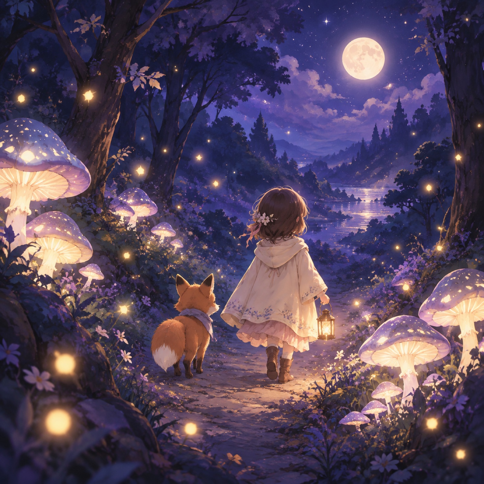 Illustrative scene from a Lullio audio story sample featuring a tranquil starry meadow
